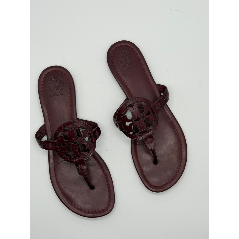 Tory Burch Miller Sandals Womens 8.5 Burgundy Croc Embossed Leather Flats